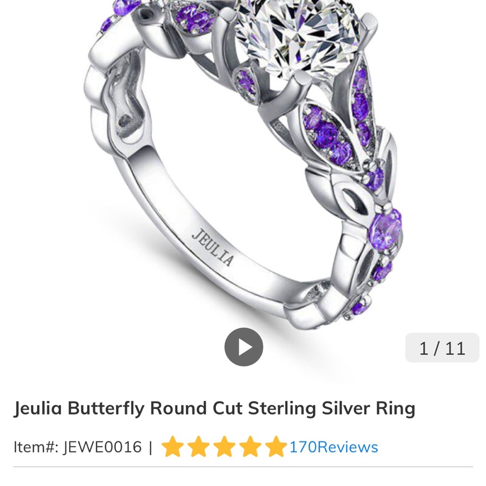 Purple and Silver Butterfly Ring with Crystal Accents